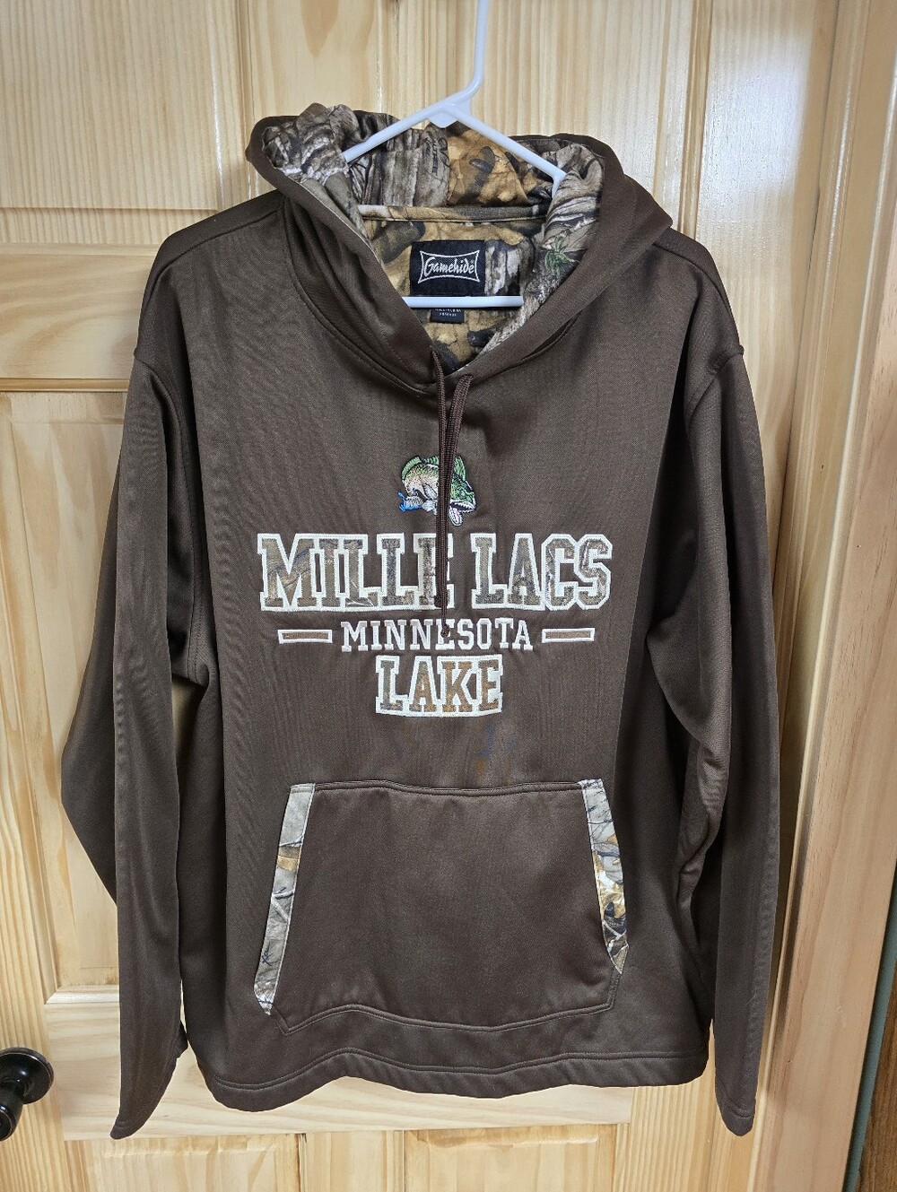 Brown Mille Lacs Lake Minnesota Lake Hoodie with Camo Trim